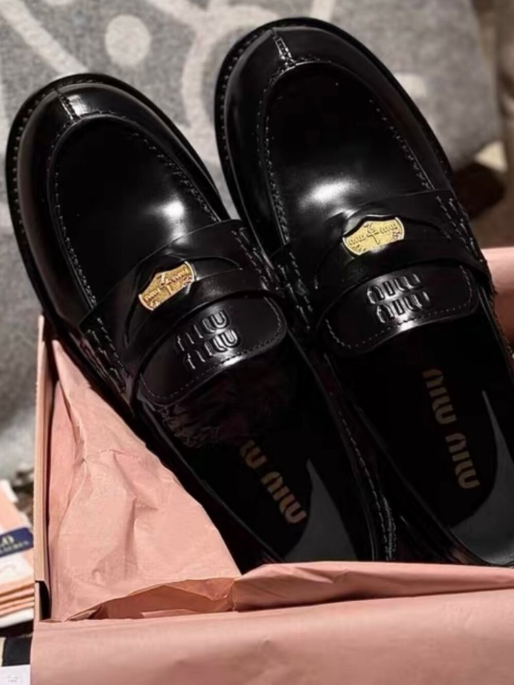 Miu Miu Black Polished Leather Penny Loafers